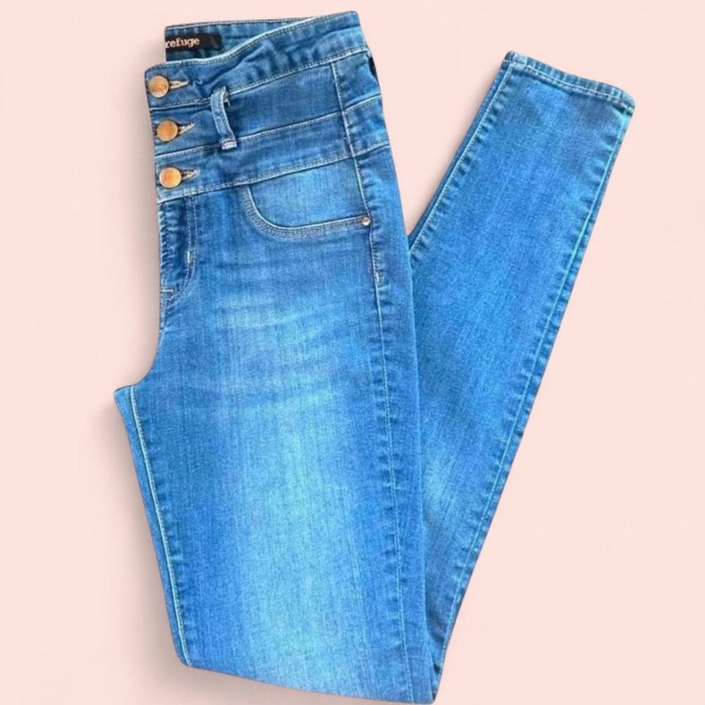 Women’s Y2K Refuge Hi Waisted 3 Button Skinny Jeans Medium Wash 2